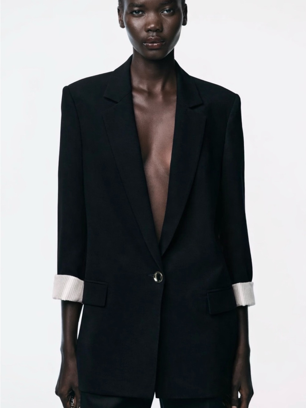 Zara Black Single-Button Blazer with Contrast Cuffs
